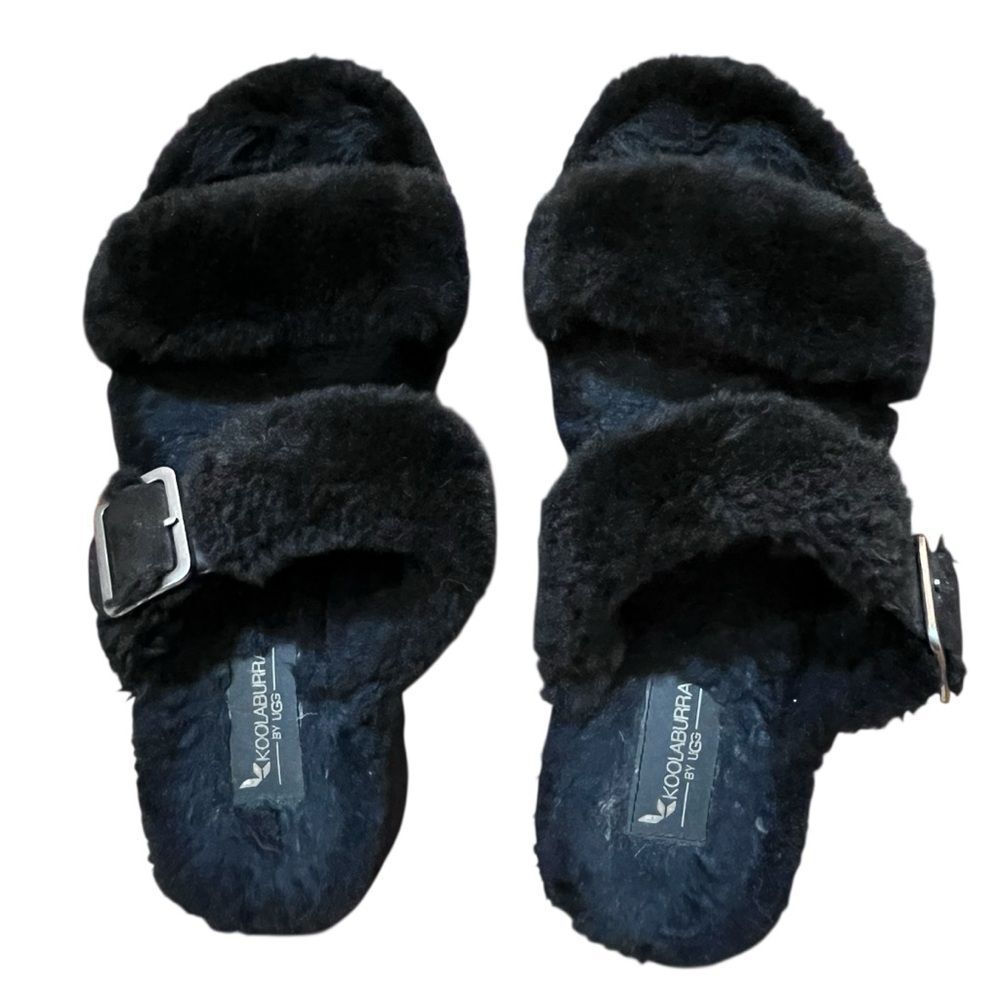 Koolaburra by Uggs Black Fur Sandals Slippers Platform Flatforms Slip On Fuzzy